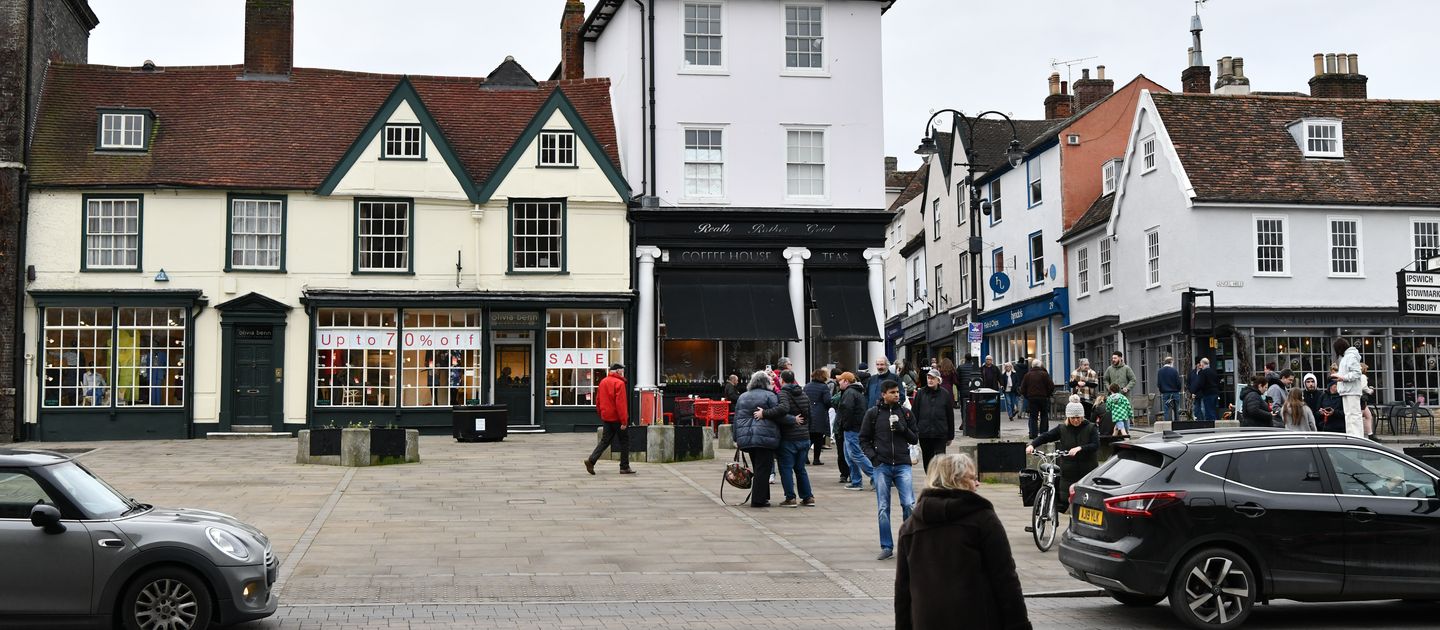 Timber-framed and brick buildings on the corner of Angel Hill in Bury St Edmunds.