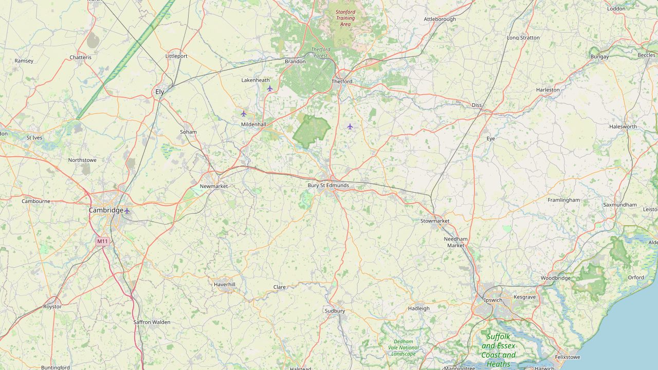 Map centred on Bury St Edmunds, showing Ely, Newmarket, Soham, Littleport, Sawston and Haverhill around it.